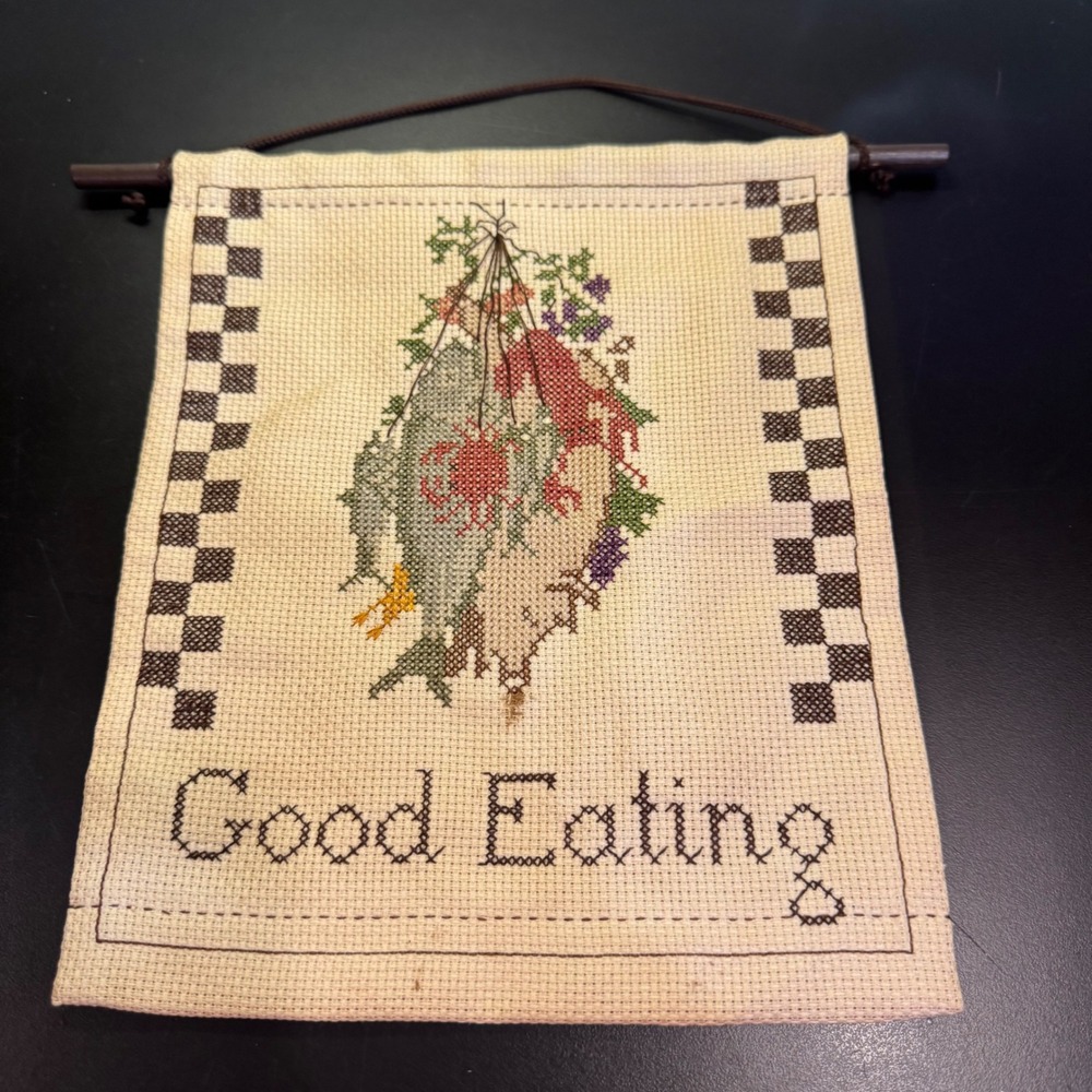 Handmade Cross Stitch Wall Hanging Small Cream Good Eating Fish Kitchen Decor